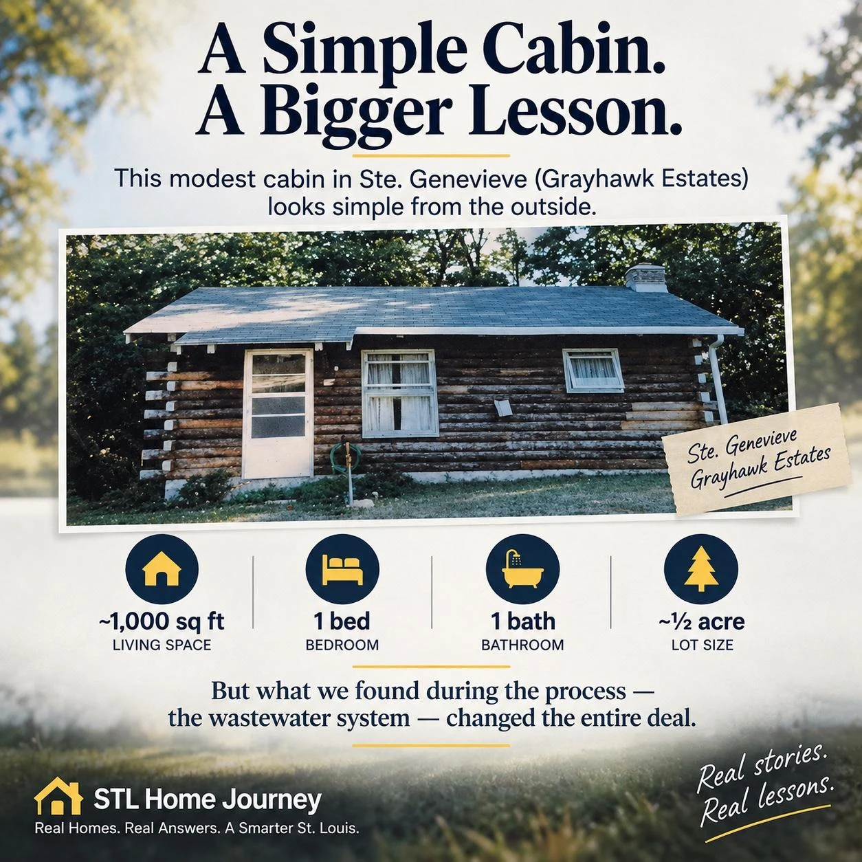 Graphic introducing the Ste. Genevieve lake cabin that looked like a straightforward purchase but became a lesson in how defects change a property's value