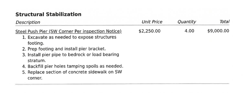 Foundation repair bid for St. Louis City home