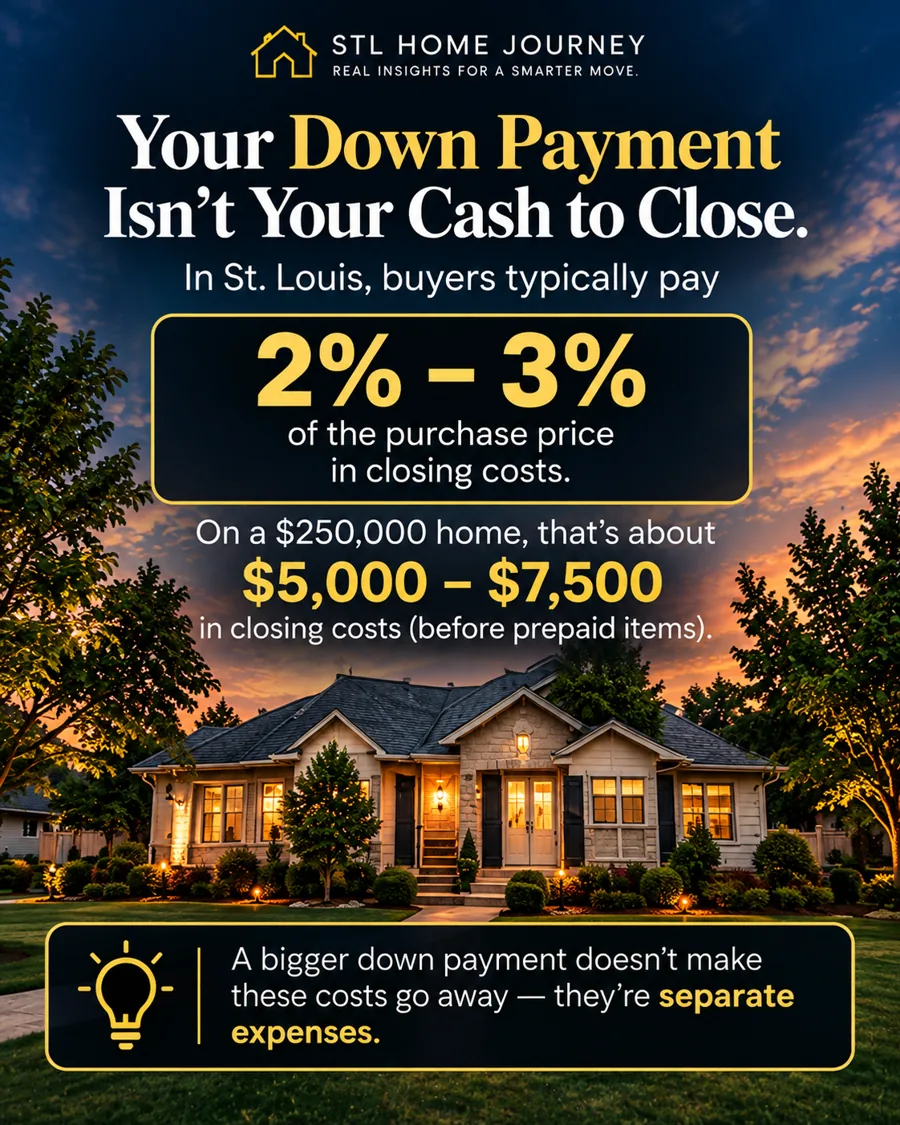 Your down payment isn't your cash to close — St. Louis buyers typically pay 2%–3% in closing costs, about $5,000–$7,500 on a $250,000 home