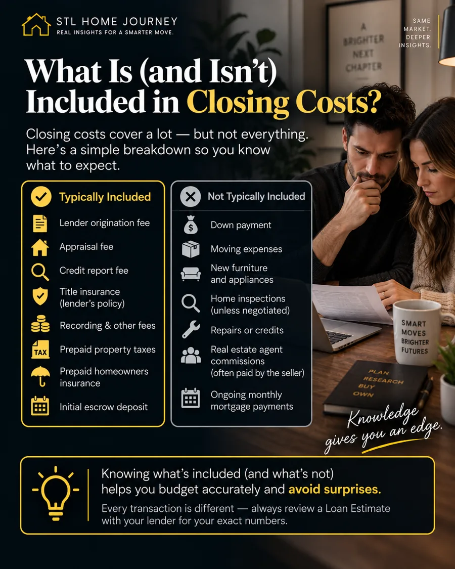 What is and isn't included in closing costs — typically included fees vs. items like down payment, moving and repairs that aren't