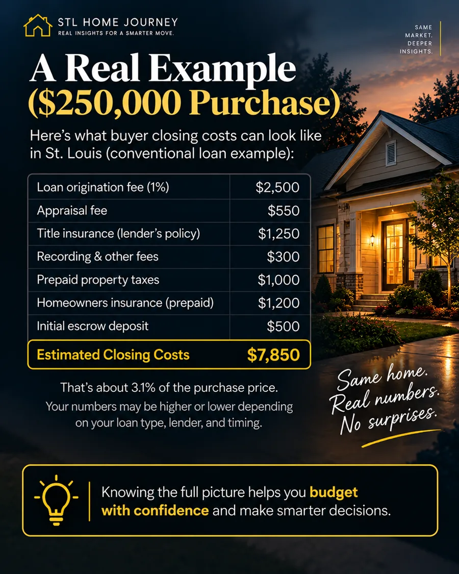 A $250,000 St. Louis purchase example — itemized buyer closing costs totaling about $7,850 (3.1%)