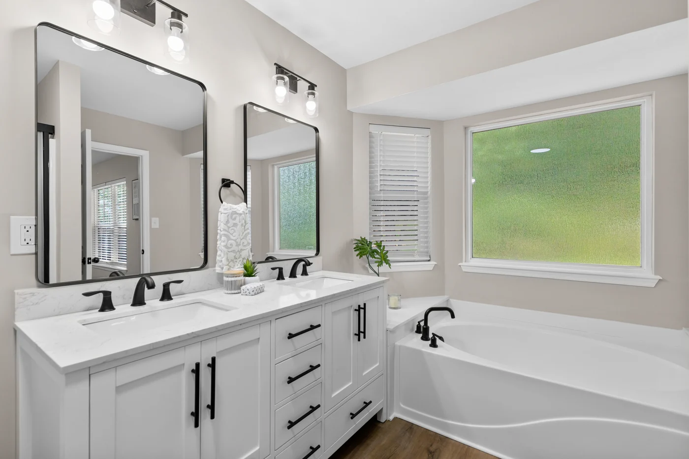 Primary bath double vanity soaking tub