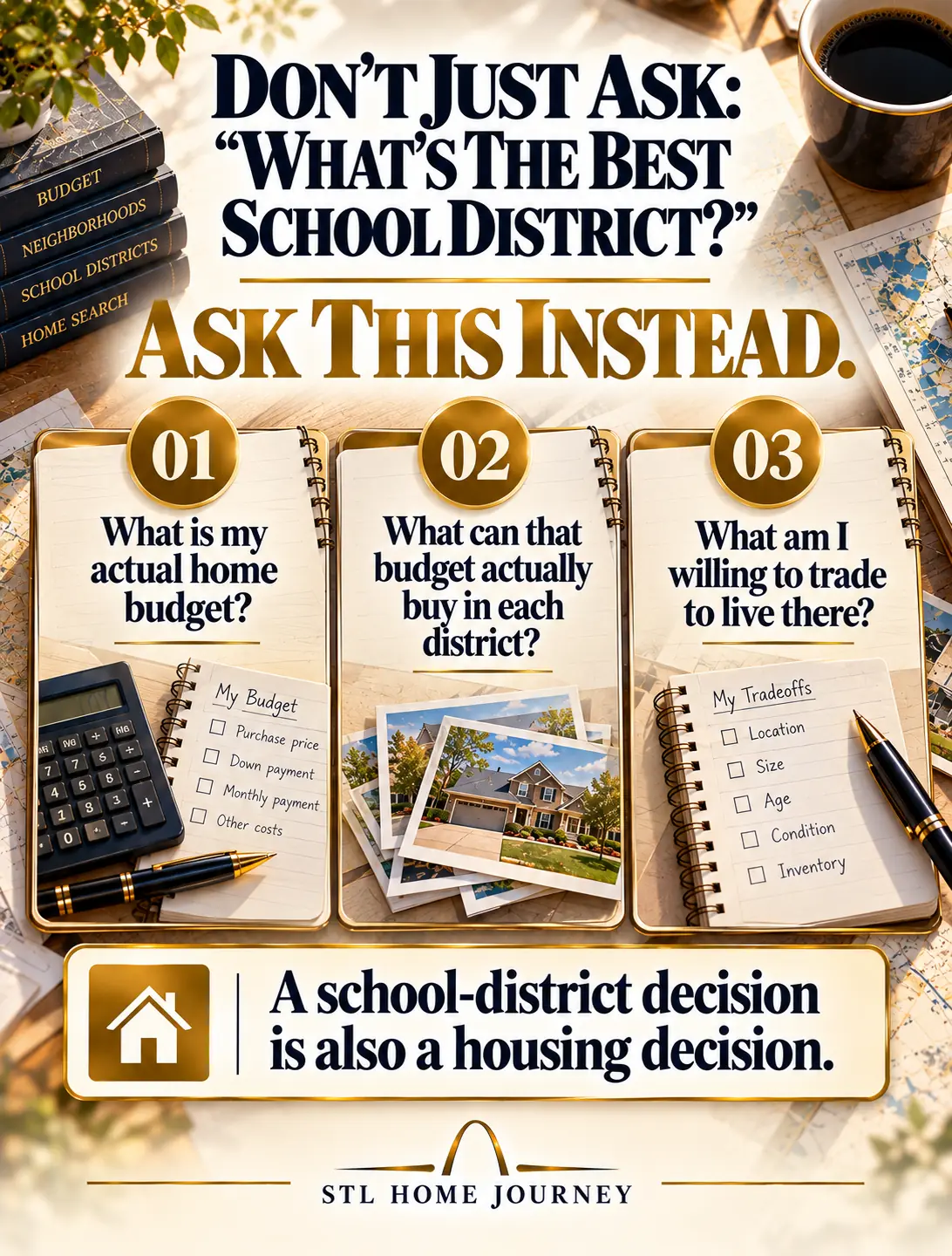 Don’t just ask “What’s the best school district?” Ask this instead: What is my actual home budget? What can that budget actually buy in each district? What am I willing to trade to live there? A school-district decision is also a housing decision.