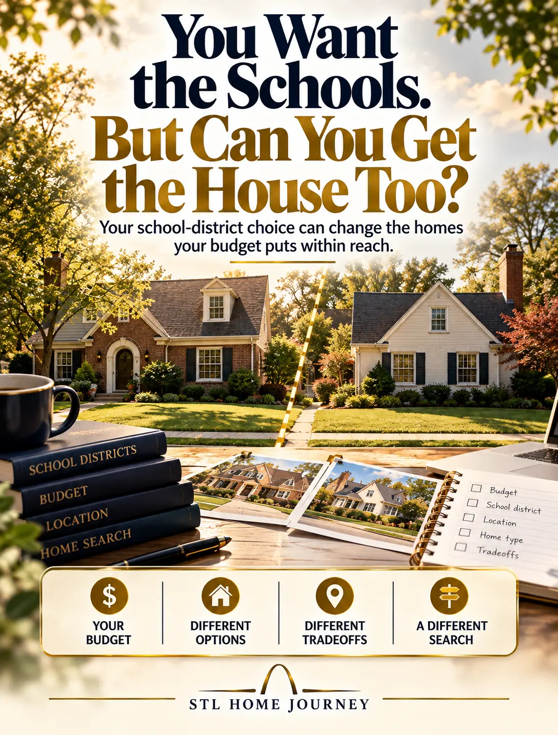 You want the schools. But can you get the house too? Your school-district choice can change the homes your budget puts within reach: your budget, different options, different tradeoffs, a different search.