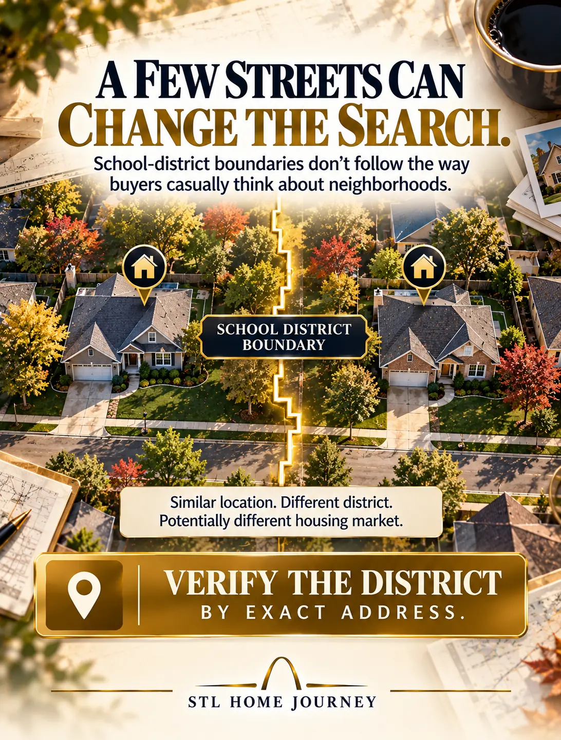A few streets can change the search. School-district boundaries don’t follow the way buyers casually think about neighborhoods. Similar location, different district, potentially different housing market. Verify the district by exact address.