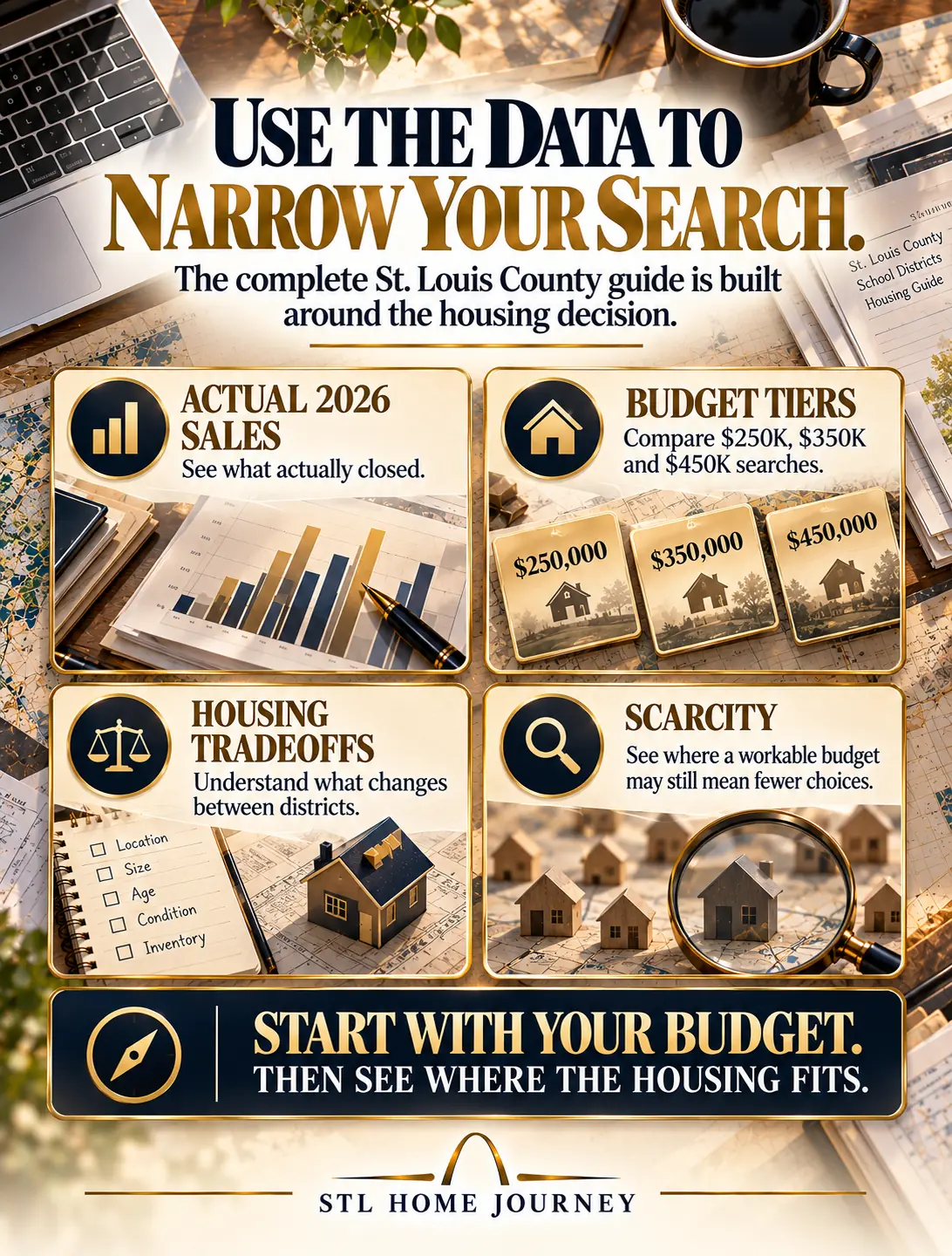 Use the data to narrow your search: actual 2026 sales, budget tiers at $250K, $350K and $450K, housing tradeoffs between districts, and scarcity. Start with your budget, then see where the housing fits.