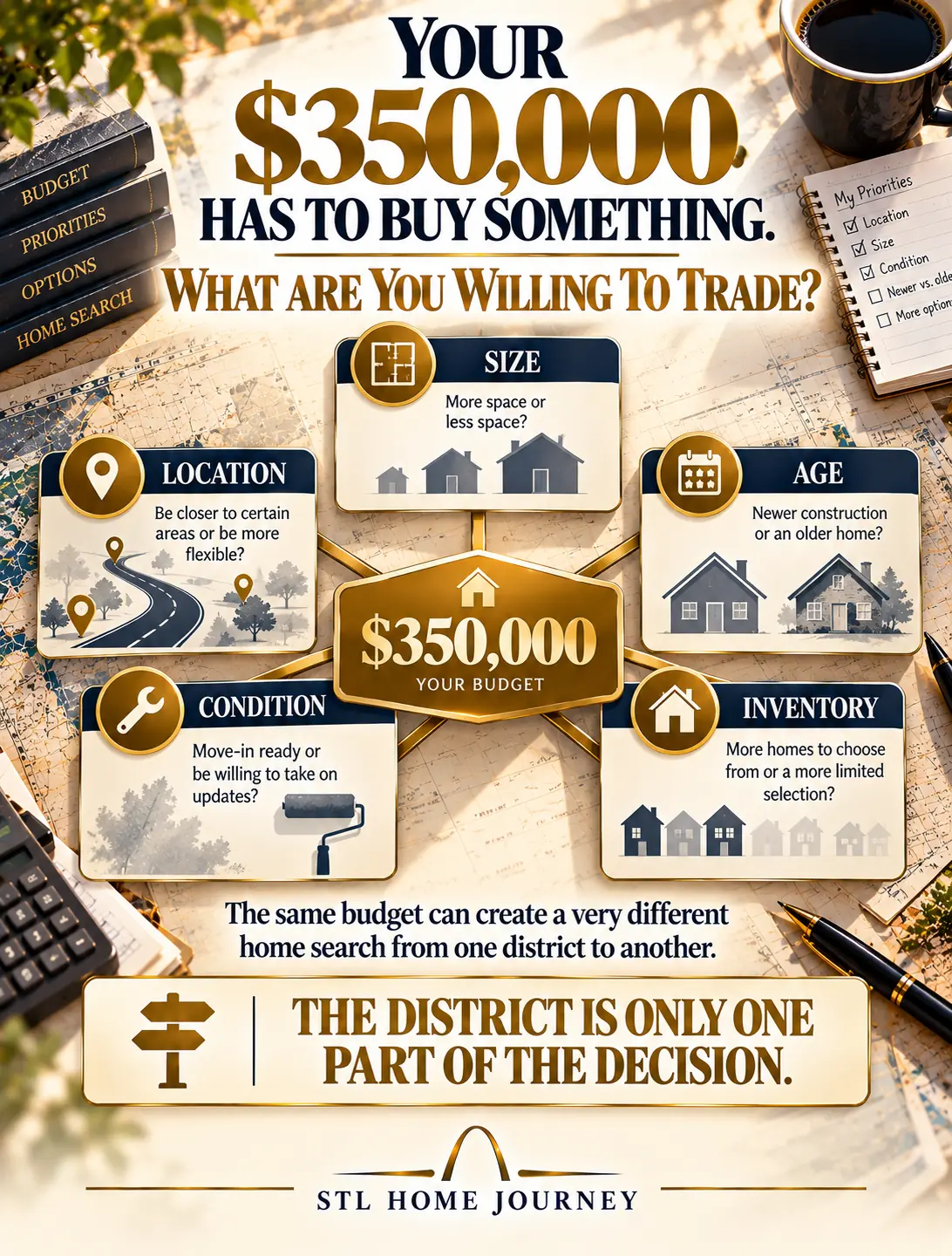 Your $350,000 has to buy something. What are you willing to trade: size, location, age, condition or inventory? The same budget can create a very different home search from one district to another. The district is only one part of the decision.