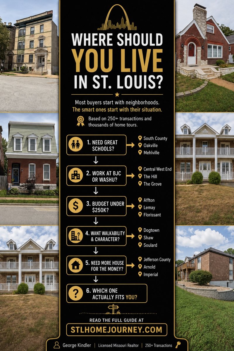 St. Louis neighborhood guide by buyer type — schools: South County, Oakville, Mehlville; BJC/WashU: Central West End, The Hill, The Grove; budget under $250K: Affton, Lemay, Florissant; walkability: Dogtown, Shaw, Soulard; more house for the money: Jefferson County, Arnold, Imperial